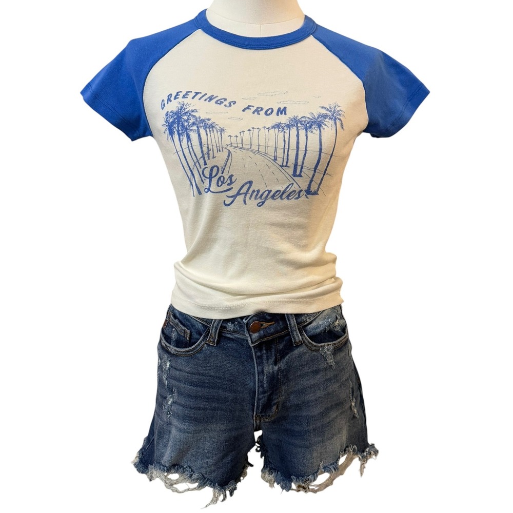 Vinyl Icons Greetings From Los Angeles Raglan Graphic Tee Blue S‎ Retro Surf